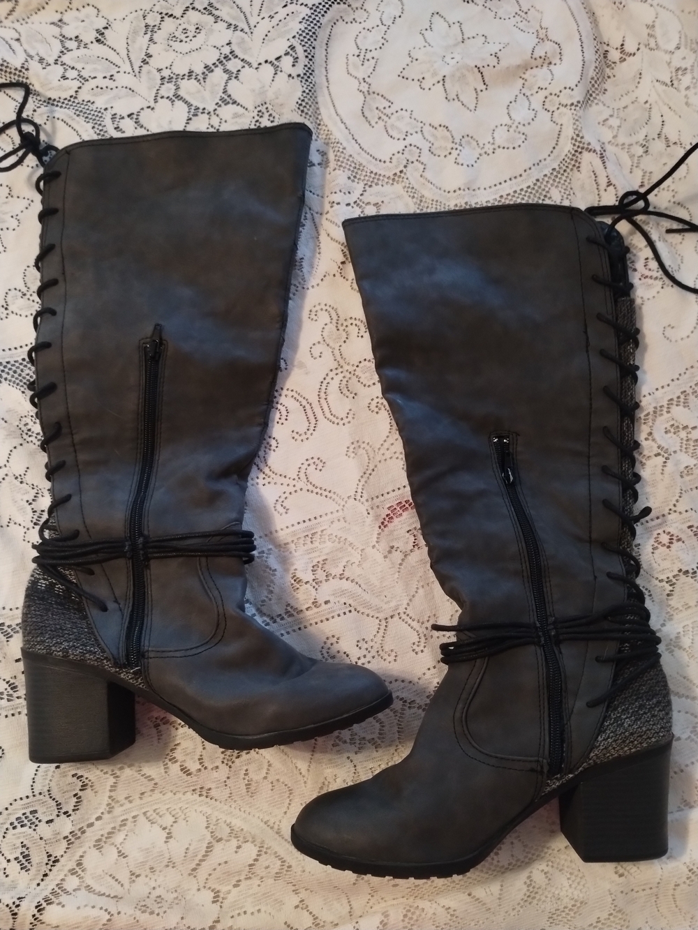 BKE Gray Lace-Up Knee Boots with Side Zip